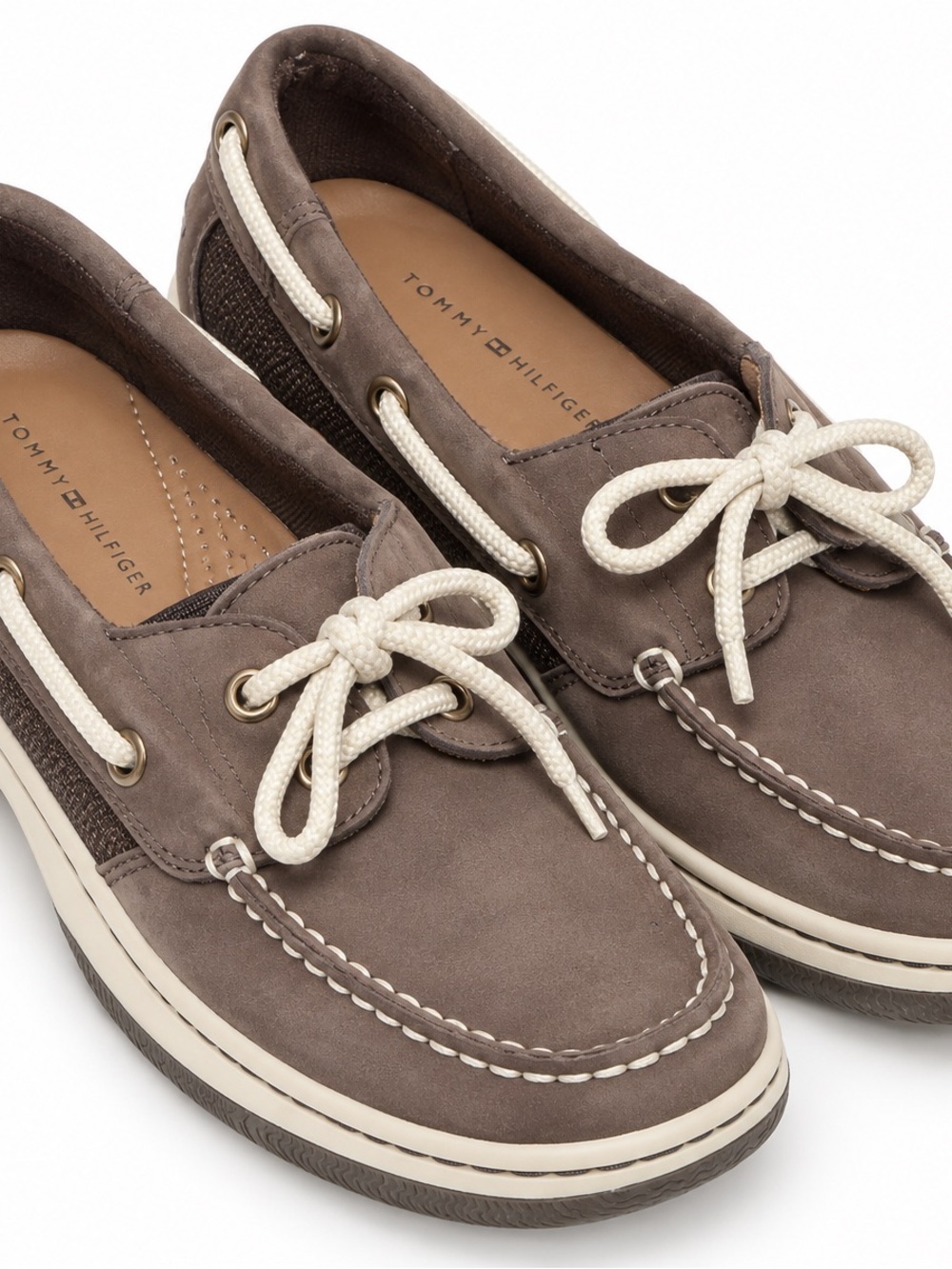 Tommy Hilfiger Men's Taupe Suede Slip-On Boat Shoes with Cream Laces